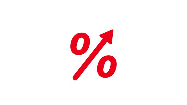 Red percentage symbol with upward arrow icon representing inflation and rising interest rates video