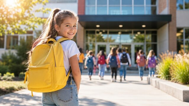 Smiling schoolgirl with yellow backpack walking toward a modern school on a sunny morning
