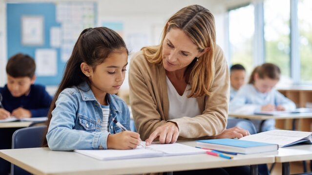 Teacher helping young student with schoolwork during a lesson in a bright classroom