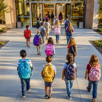 Children with colorful backpacks walking into school building for a new academic year