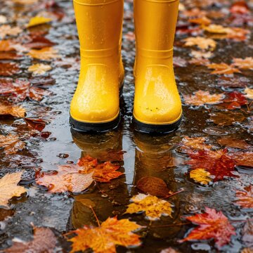 Bright yellow rain boots standing in a puddle surrounded by colorful wet autumn leaves