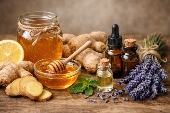 Natural remedies with honey ginger lemon lavender and essential oils for wellness and immunity support