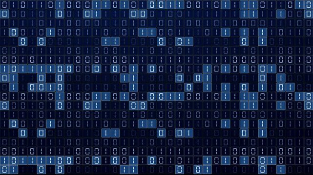 Looping 3D animation of illuminated zeros and ones in a blue tiled matrix, representing computer code, data processing, networks, software and digital technology.