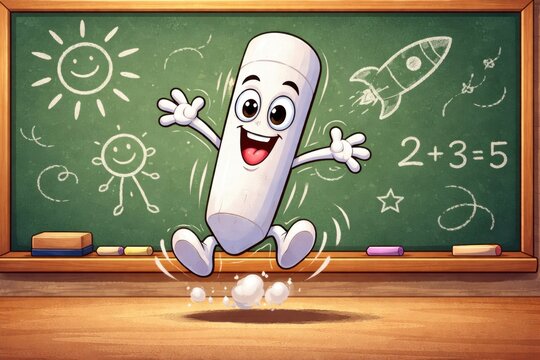 Cute chalk character jumping in classroom with blackboard drawings for fun school learning activities