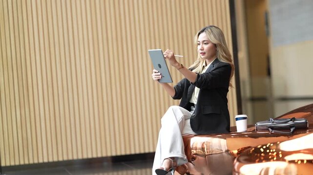 Businesswoman seated on a ledge beside a wood slat wall writes on her tablet with a stylus then raises the pen skyward with a confident expression and coffee cup nearby.