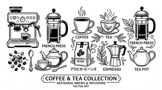 Coffee and Tea Collection Vector Set with Brewing Equipment and Hot Beverage Icons