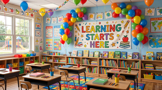 Vibrant elementary classroom interior with learning starts here banner and festive balloon arch over wooden bookshelves filled with books plus student desks for back to school celebration day