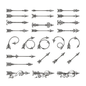 Vintage arrow illustrations and ornamental flourishes create a decorative sketched collection arrowhead retro ornament flourish scroll swirl sketch drawing hand drawn illustration vector graphic
