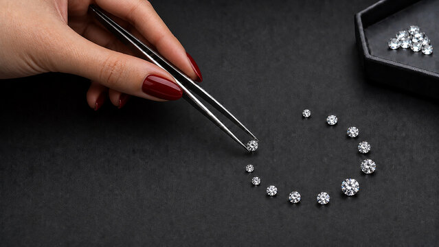 Elegant Hand Examining Diamonds with Jeweler&rsquo;s Tweezers