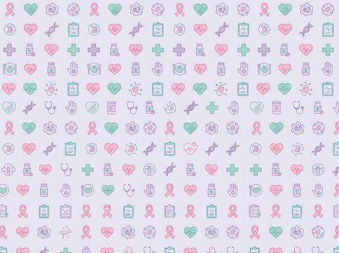 Seamless pattern with medical and healthcare icons on a light purple background