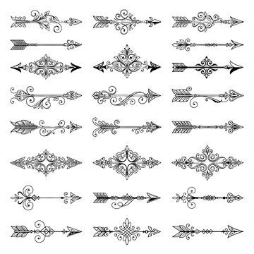 Decorative ornamental arrows and flourishes form a detailed vector illustration on a black background arrow ornament flourish vectorart graphic design intricate vintage retro