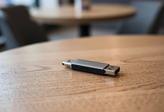 Usb flash drive on a light wooden table, data storage and digital information transfer technology, this electronic device is a portable computer accessory used for backup and file management