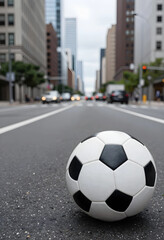 Soccer ball on an urban street with blurred city buildings and traffic in the background, Sports and city life