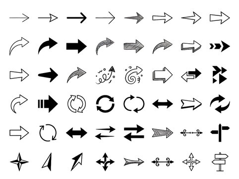 A collection of hand drawn arrow illustrations displays diverse directional shapes on a black background arrows arrowhead guidance pointing vector illustration sketch hand drawn