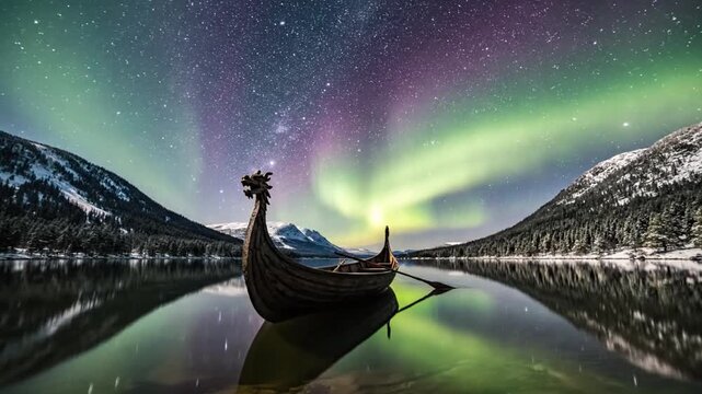 Viking longship on calm mountain lake under northern lights