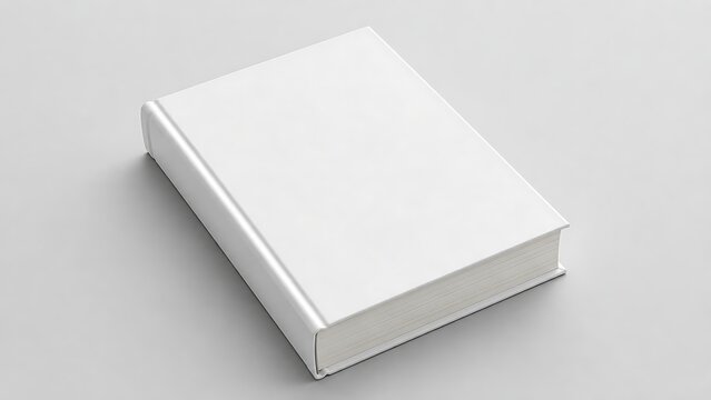 Blank white hardcover book mockup resting on clean minimalist surface high angle view