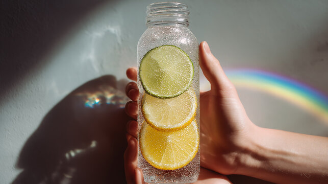Hand Holding Citrus Infused Water Bottle with Rainbow Light Reflection