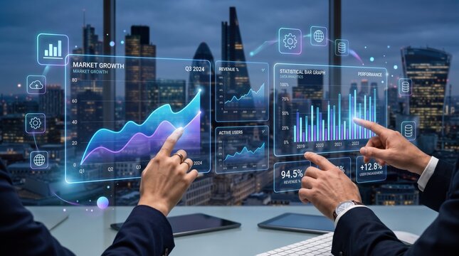 Business team analyzing holographic market data screens, global economy statistics, financial performance metrics, revenue growth charts, active users tracking, strategic planning