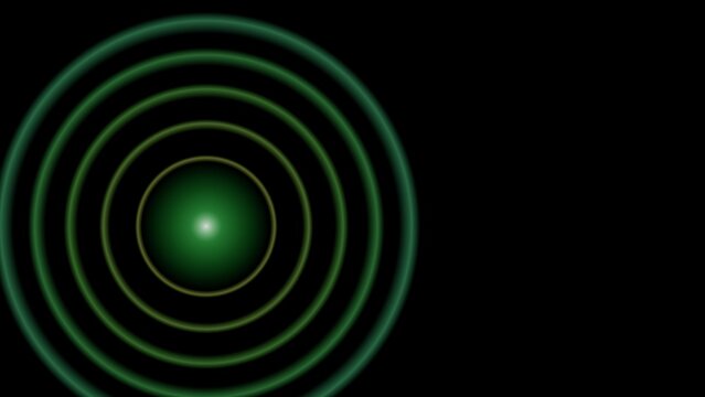 Concentric green circles radiate from a central point against a black background radiating luminescence halo glow illumination radiance emerald chartreuse lime