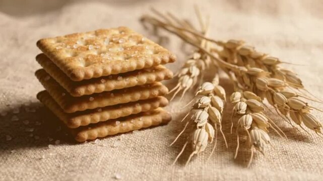 Stack of crunchy crispy salted square crackers placed near golden wheat ears on rustic light brown fabric surface representing organic artisan bakery products.
