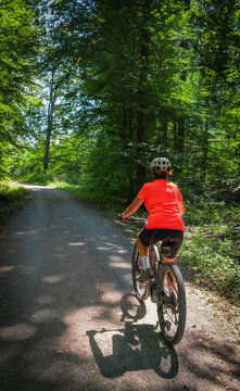 female Cyclist riding a bicycle along a peaceful forest avenue surrounded by lush green trees and dappled sunlight. Stuttgart, Baden-W&uuml;rttemberg, Germany.
