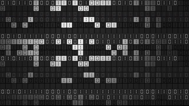 Looping 3D animation of black and white zeros and ones across a dark tiled matrix, representing computer code, digital data, software, networks and information technology.