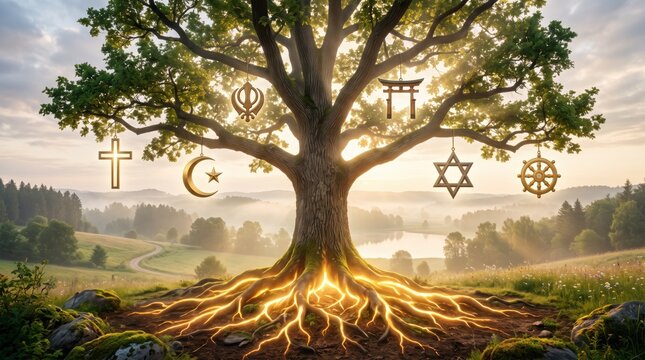 Majestic tree of life with glowing golden roots and diverse religious symbols hanging from branches, representing spiritual unity, interfaith harmony, and connection between