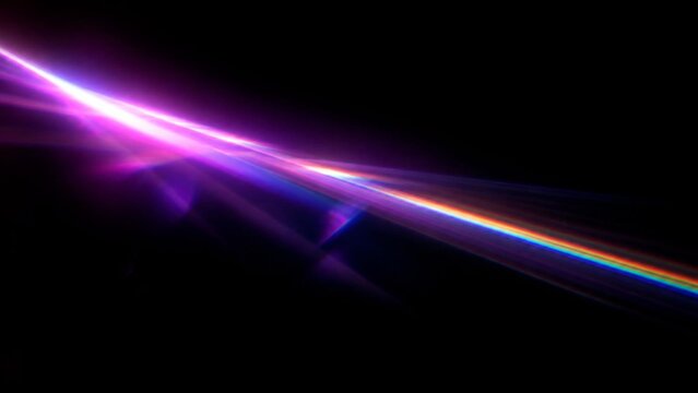 A vibrant violet light streak with spectral rainbow flares extends diagonally across a black background abstract afterglow atmospheric aurora beam chromatic