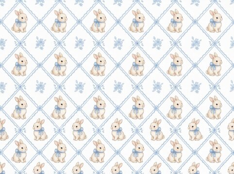 Seamless pattern with cute bunnies and blue floral diamond grid