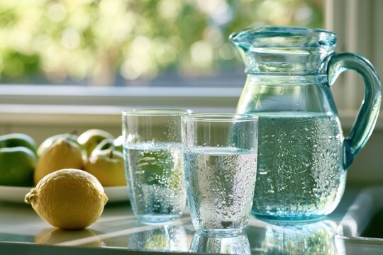 Clean kitchen counter featuring a glass pitcher filled with water, two glasses, fresh lemons, and green limes, illuminated by natural light from a nearby window