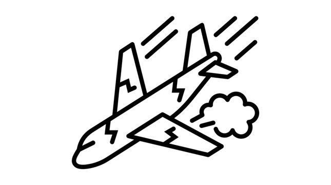 Falling airplane icon showing a dramatic plane crash disaster in simple bold black outline style design