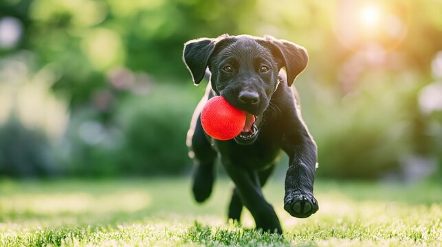 Black puppy dashes across lush green grass, clutching a bright red ball and smiling during a summer outdoor play