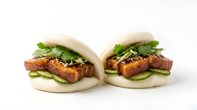 Two steamed gua bao buns filled with glazed pork belly cucumber slices cilantro and sesame seeds isolated on white background