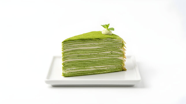 Slice of green tea matcha mille crepe cake with layered thin crepes and cream topped with mint leaf isolated on white background