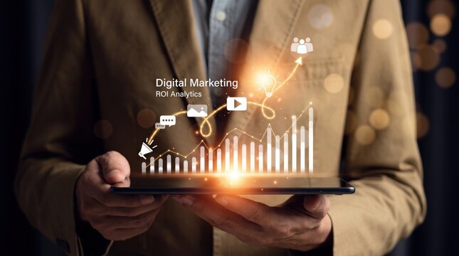 Digital marketing ROI analytics displayed on tablet screen with glowing bar chart and social media icons, business growth strategy and online advertising concept.