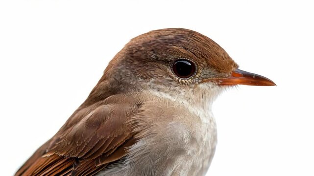 A small bird with brown and white feathers standing still.
