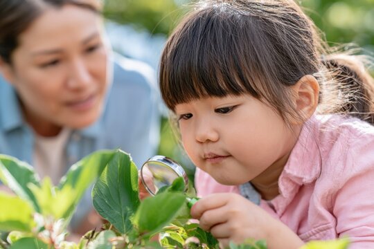 Asian girl using magnifying glass to examine leaves while mother observes, exploring nature together in a garden setting with greenery and sunlight