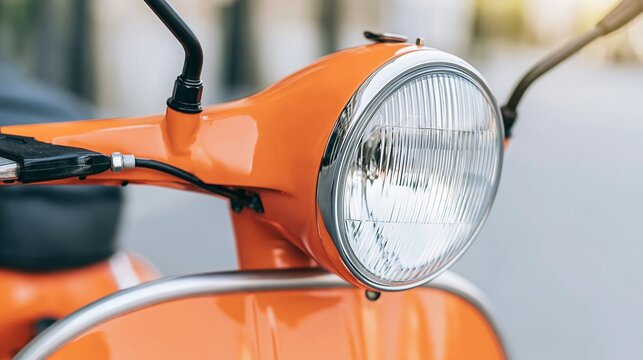 Vintage orange scooter showcasing retro design with a bright round headlight and glossy paintwork
