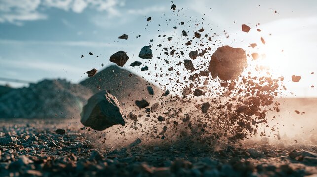 Rocks and gravel exploding upward, dynamic impact creating dust and debris in industrial quarry environment under bright sky