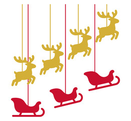 Christmas hanging decorations with golden reindeer and red sleighs isolated on transparent background © NURJAHAN