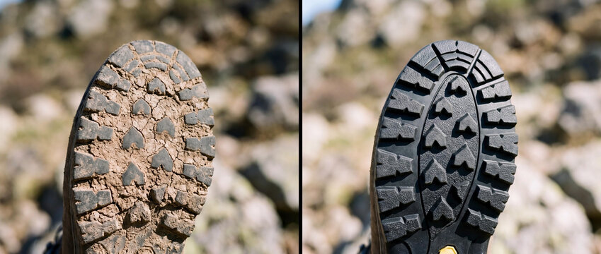 Before and after comparison of muddy and clean hiking boot soles outdoors on rocky terrain