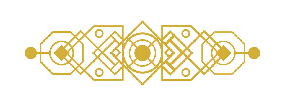 Art deco style golden decorative border element isolated on transparent background