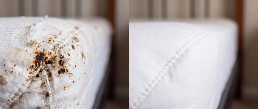 Before and After Comparison of Bedbug Infestation on White Mattress Surface