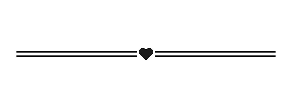 Decorative double line divider with central heart icon, elegant vector graphic design element for text separation isolated on transparent background