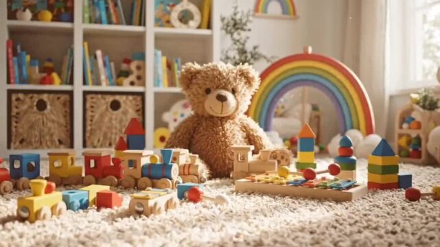 Cozy nursery room scene featuring adorable brown teddy bear surrounded by colorful wooden toy train blocks and xylophone musical instrument on soft carpet floor.