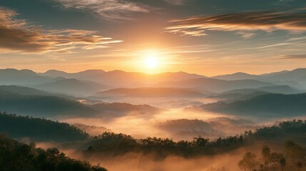 Fototapeta premium Breathtaking mountain range vista at sunrise, with a vibrant sun piercing through a misty valley, creating a serene and ethereal landscape, ideal for travel, nature, and relaxation themes