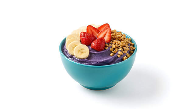 Brazilian acai bowl topped with sliced strawberries, banana, and granola isolated on white background