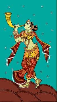 Vibrant Odisha Pattachitra Folk Art of a Traditional Flute Player in Ornamental Costume .