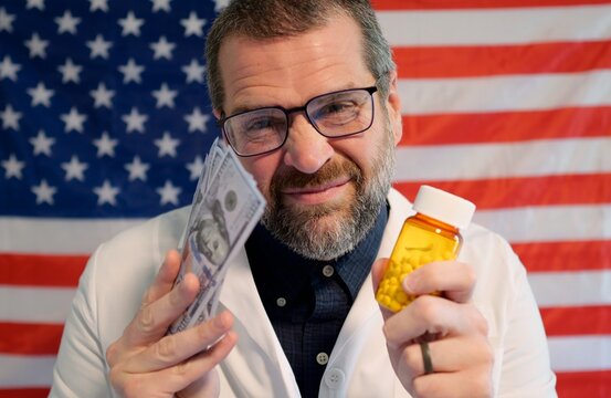 Pharmacist in lab coat holding prescription pill bottle, cash, and crypto against an American flag, symbolizing the influence of money on US medicine