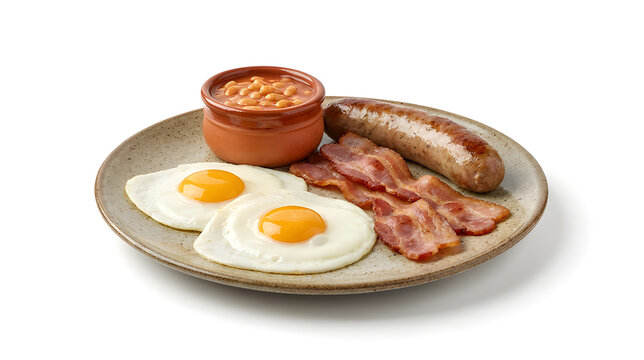 English breakfast plate with fried eggs, bacon strips, grilled sausage, and baked beans isolated on white background